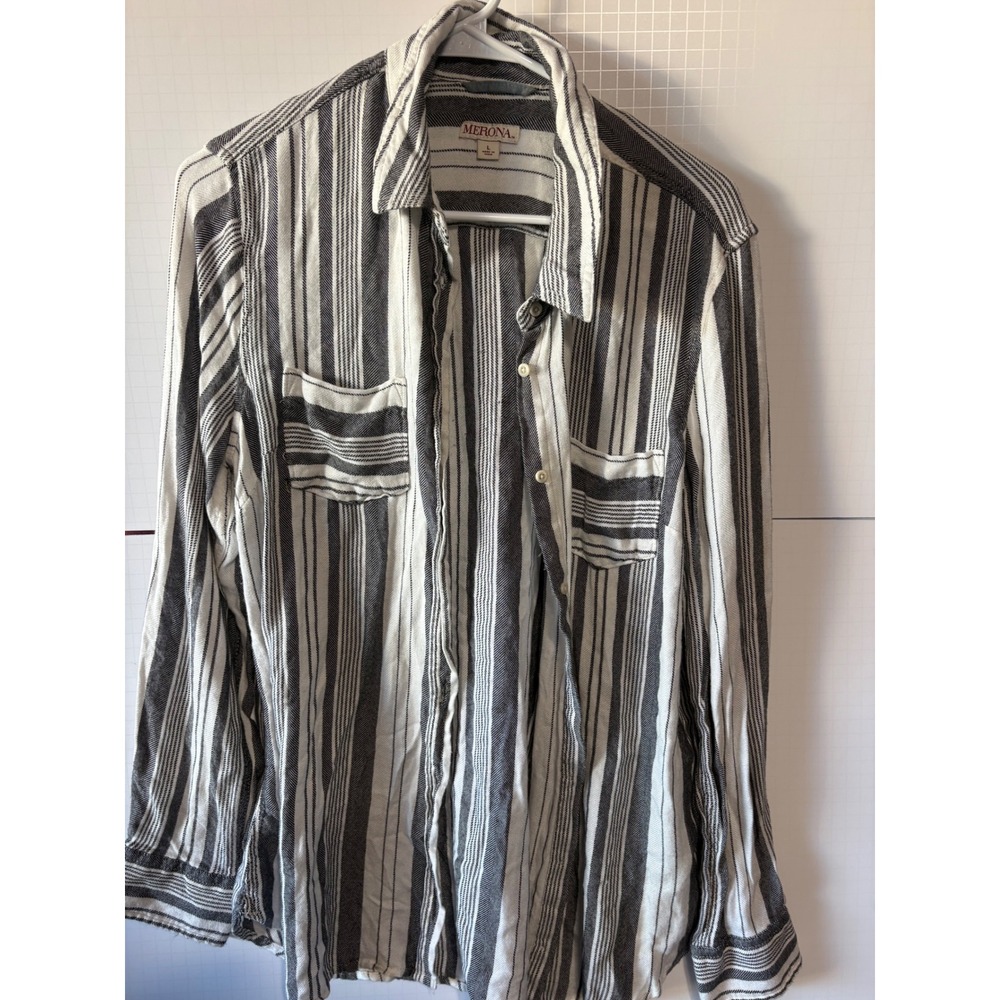 Merona Womens Large Black White Striped Button Down Shirt Long Sleeve L